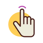 Ilustración de una mano con el dedo índice apuntando hacia arriba y tocando una línea curva morada, con un círculo amarillo de fondo, simbolizando el clic o la pulsación de un botón—perfecta para interfaces de alojamiento de WordPress.